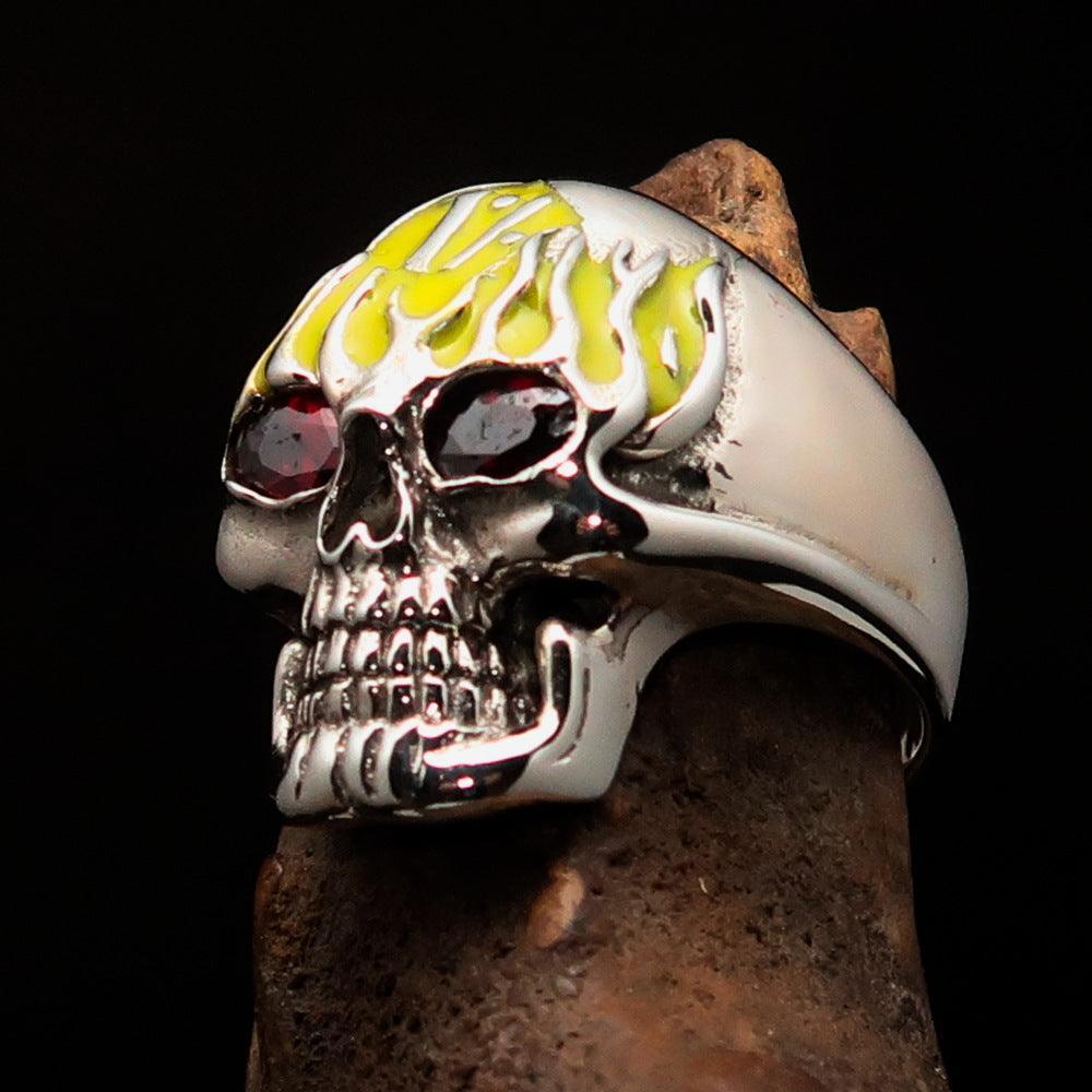 Excellent crafted Men's yellow 1% Flaming Skull Outlaw Ring red CZ Eyes - Sterling Silver - BikeRing4u