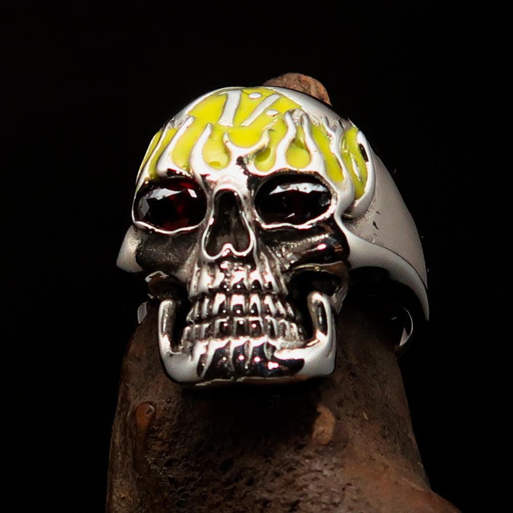 Excellent crafted Men's yellow 1% Flaming Skull Outlaw Ring red CZ Eyes - Sterling Silver - BikeRing4u