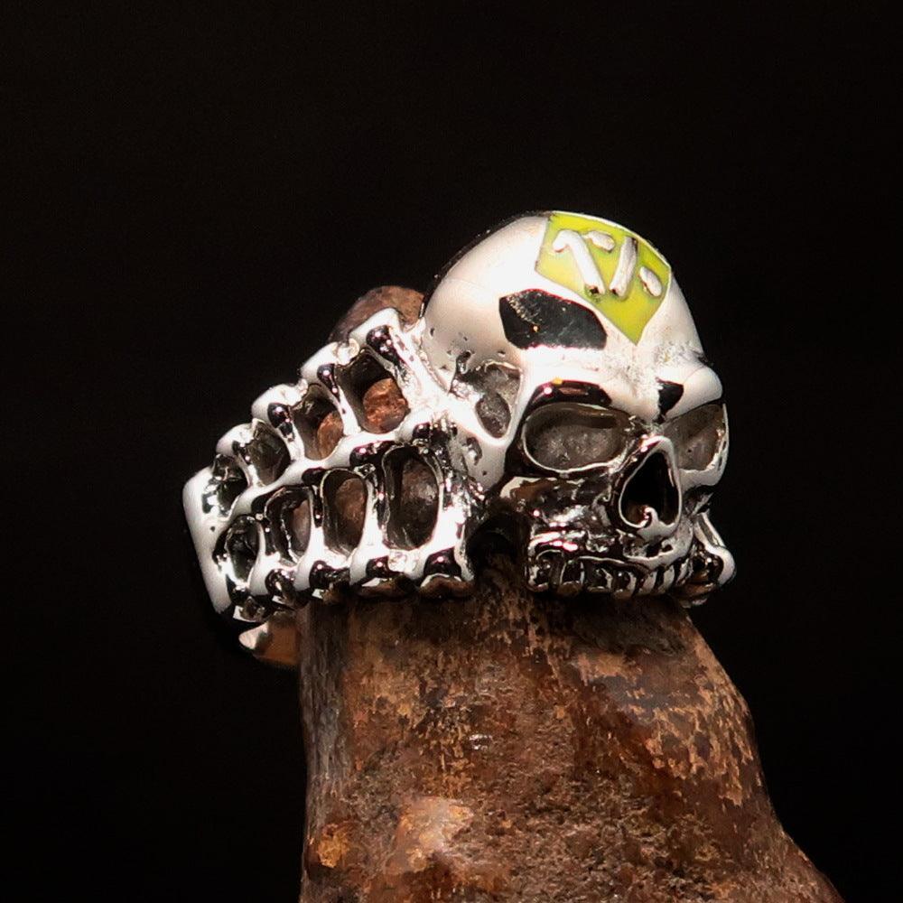 Excellent crafted Men's yellow 1% Outlaw Biker Skull and Bones Ring - Sterling Silver - BikeRing4u