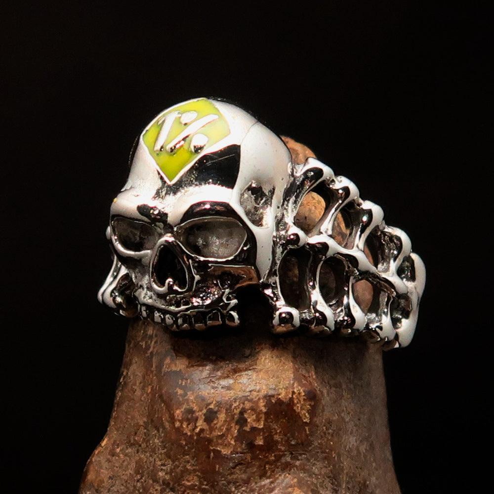 Excellent crafted Men's yellow 1% Outlaw Biker Skull and Bones Ring - Sterling Silver - BikeRing4u