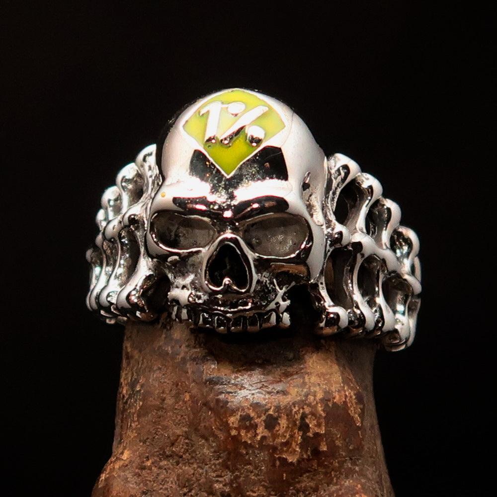 Excellent crafted Men's yellow 1% Outlaw Biker Skull and Bones Ring - Sterling Silver - BikeRing4u