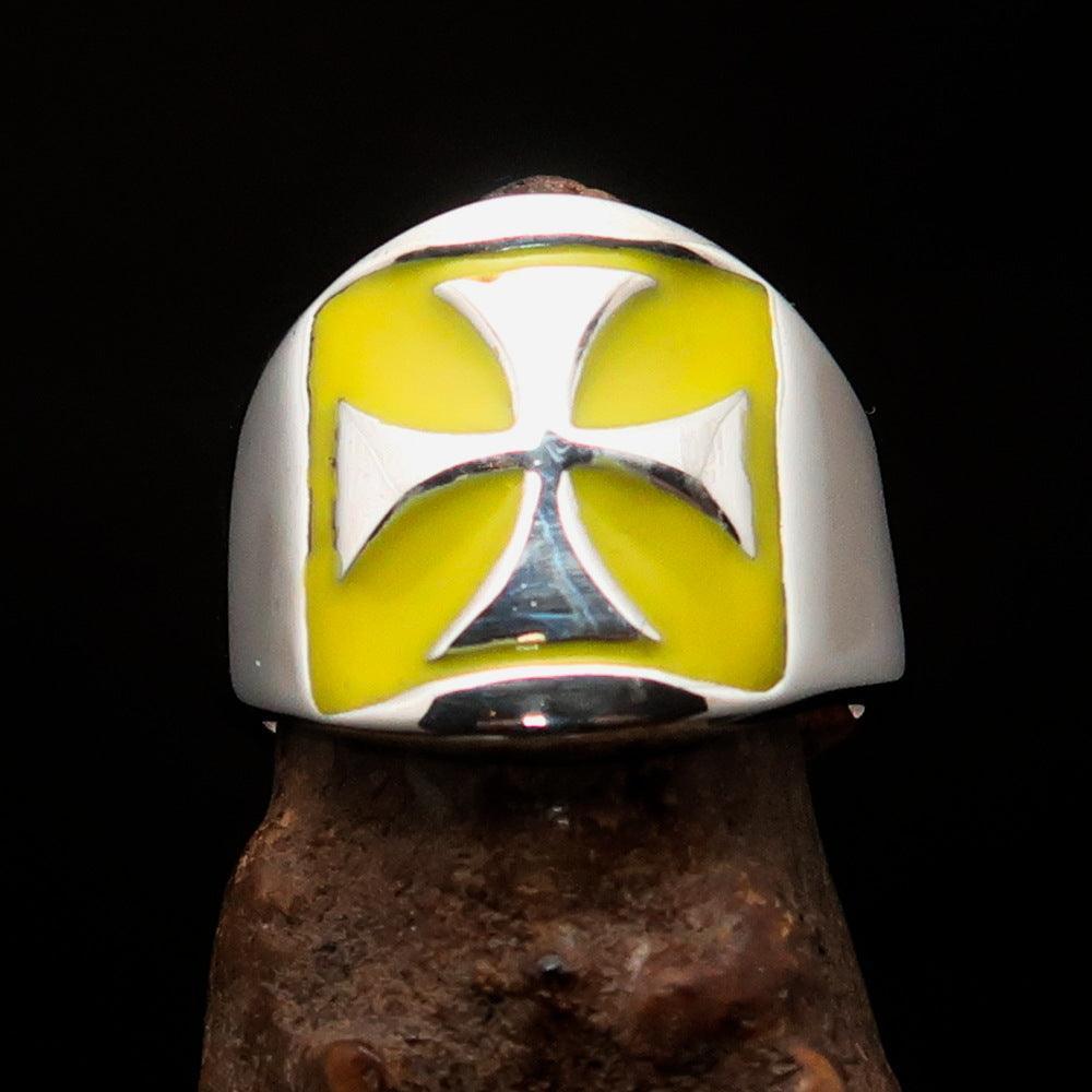 Excellent crafted Men's yellow Iron Cross Biker Ring - Sterling Silver - BikeRing4u
