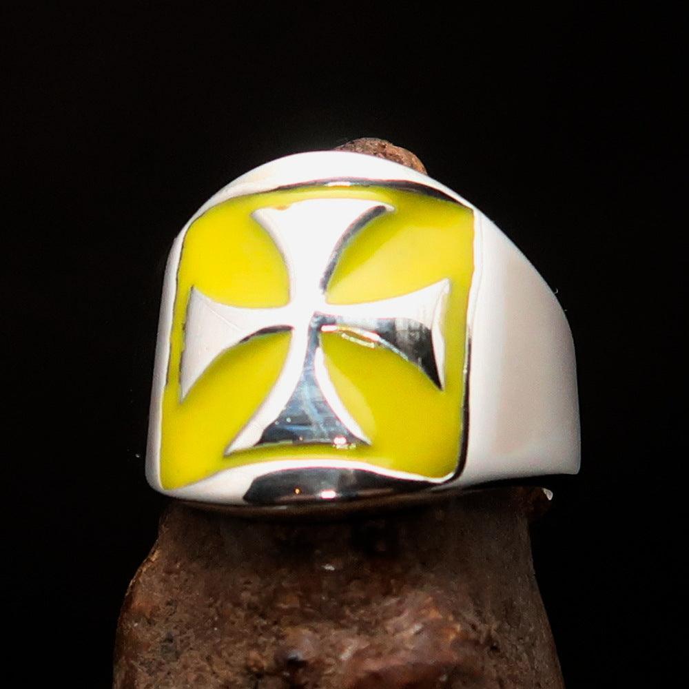 Excellent crafted Men's yellow Iron Cross Biker Ring - Sterling Silver - BikeRing4u