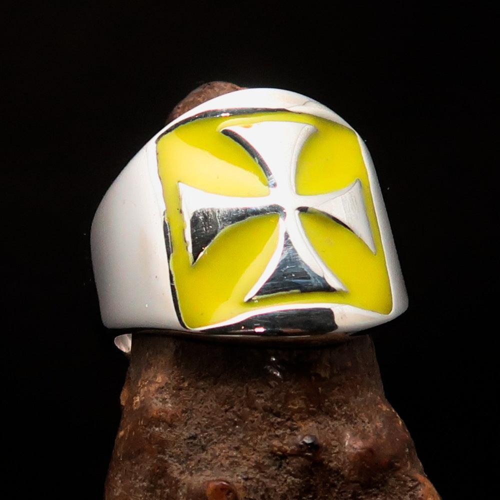 Excellent crafted Men's yellow Iron Cross Biker Ring - Sterling Silver - BikeRing4u