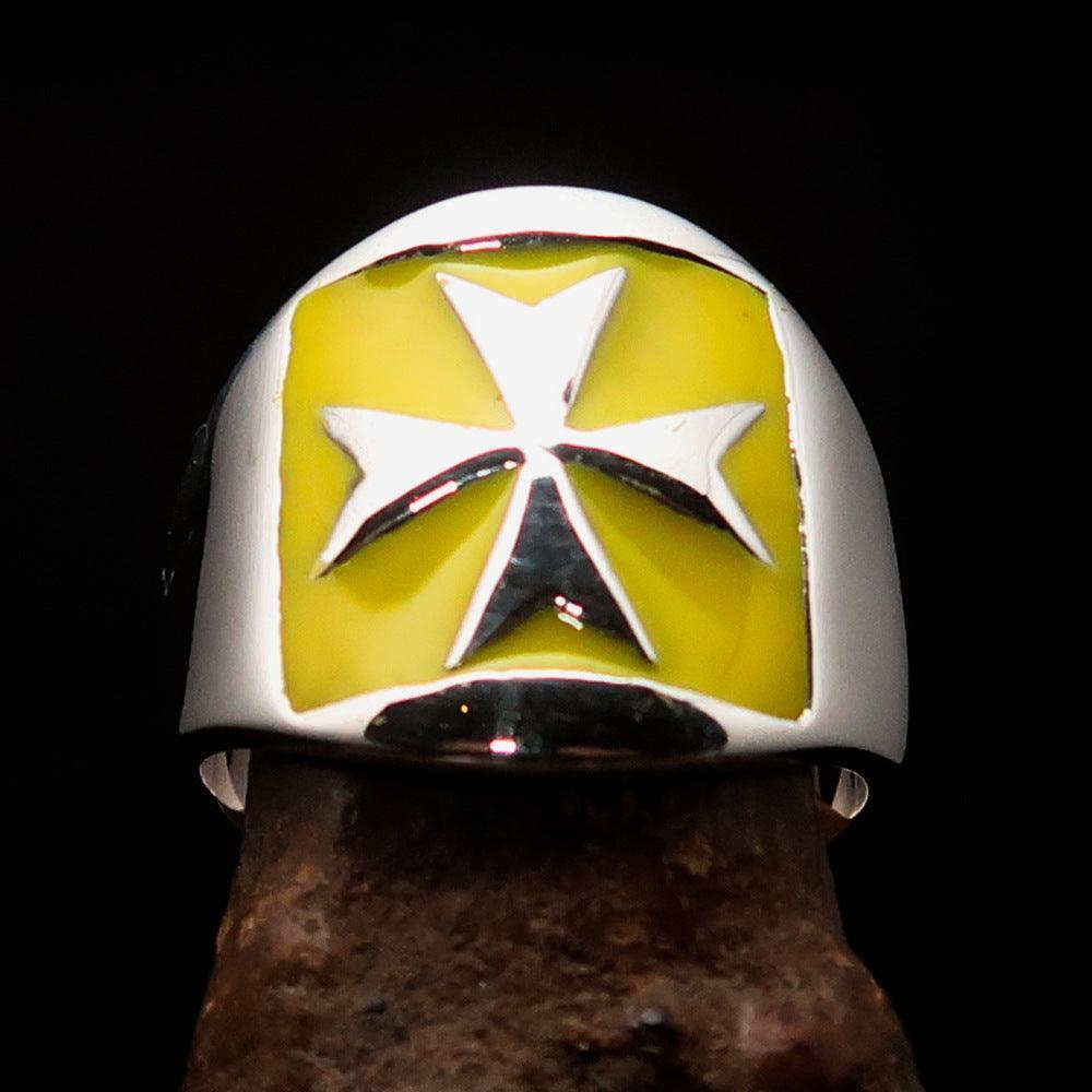 Excellent crafted Men's yellow Maltese Cross Biker Ring - Sterling Silver - BikeRing4u