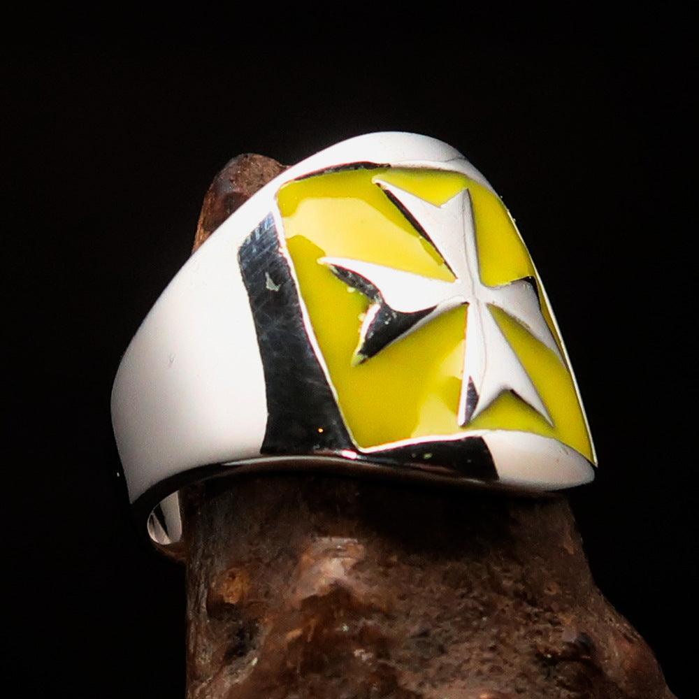 Excellent crafted Men's yellow Maltese Cross Biker Ring - Sterling Silver - BikeRing4u