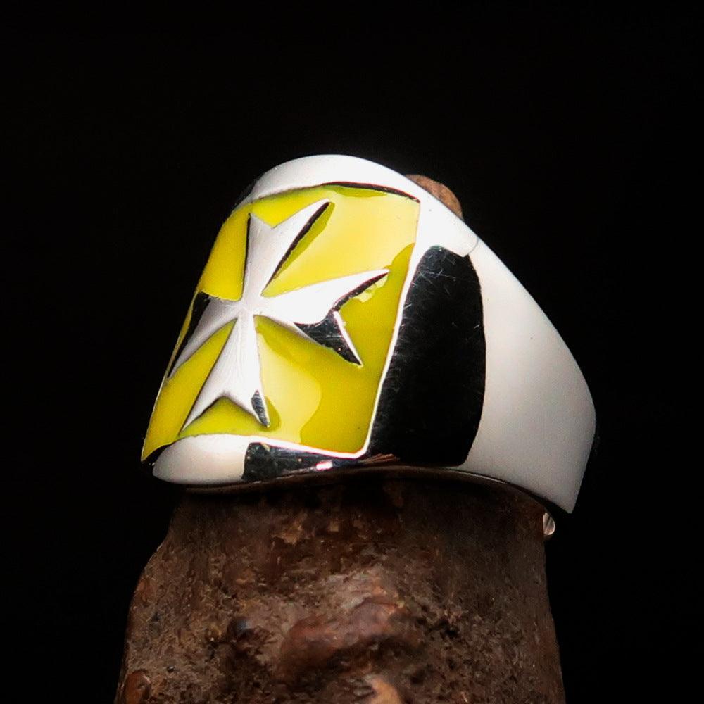 Excellent crafted Men's yellow Maltese Cross Biker Ring - Sterling Silver - BikeRing4u