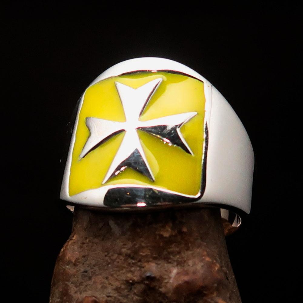 Excellent crafted Men's yellow Maltese Cross Biker Ring - Sterling Silver - BikeRing4u