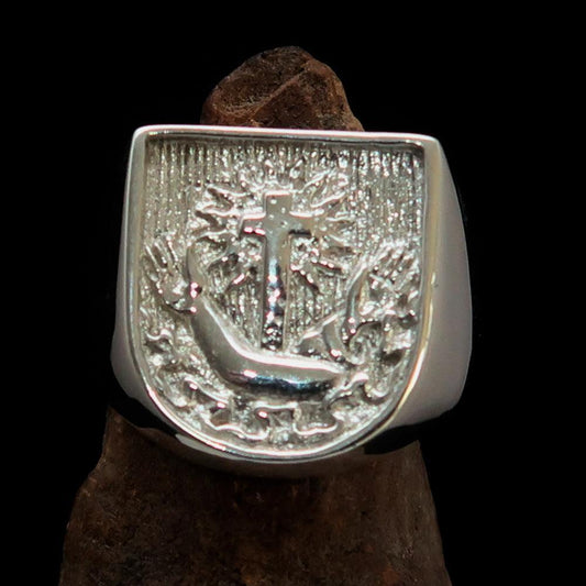 Excellent crafted Men's Franciscan Corona Cross Ring - shiny Sterling Silver - BikeRing4u