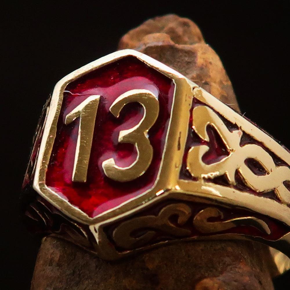 Excellent crafted Men's Biker Ring red Number 13 - Solid Brass - BikeRing4u