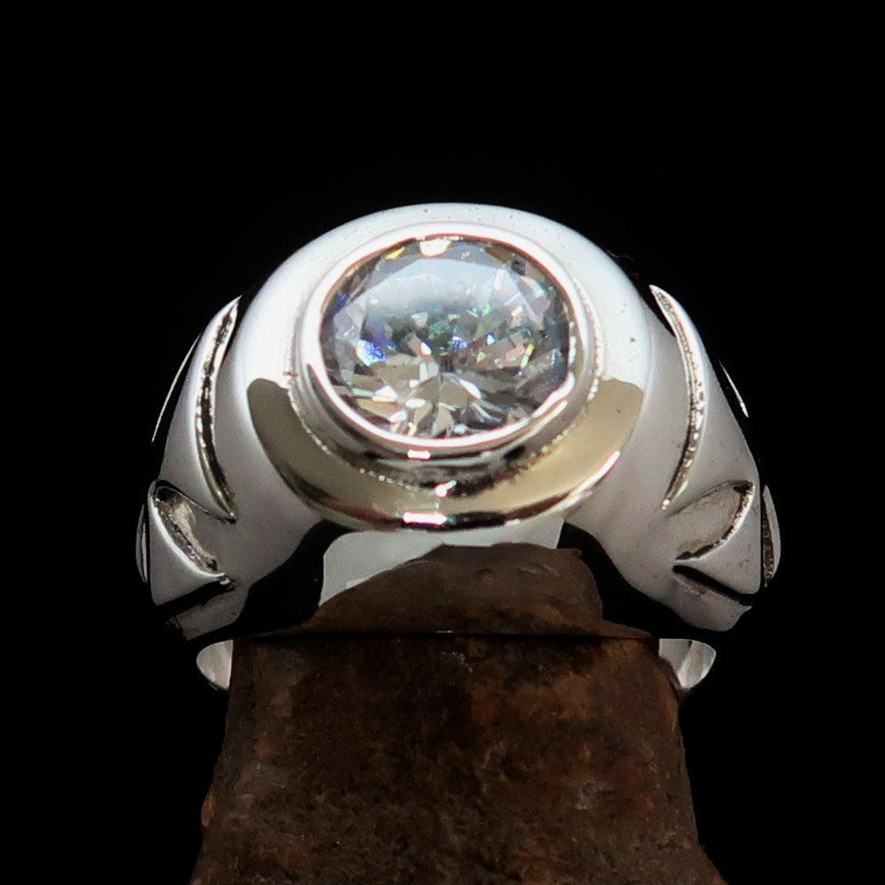 Nicely crafted Men's Solitaire Iron Cross Ring White Cubic Zirconia CZ - Sterling Silver - BikeRing4u