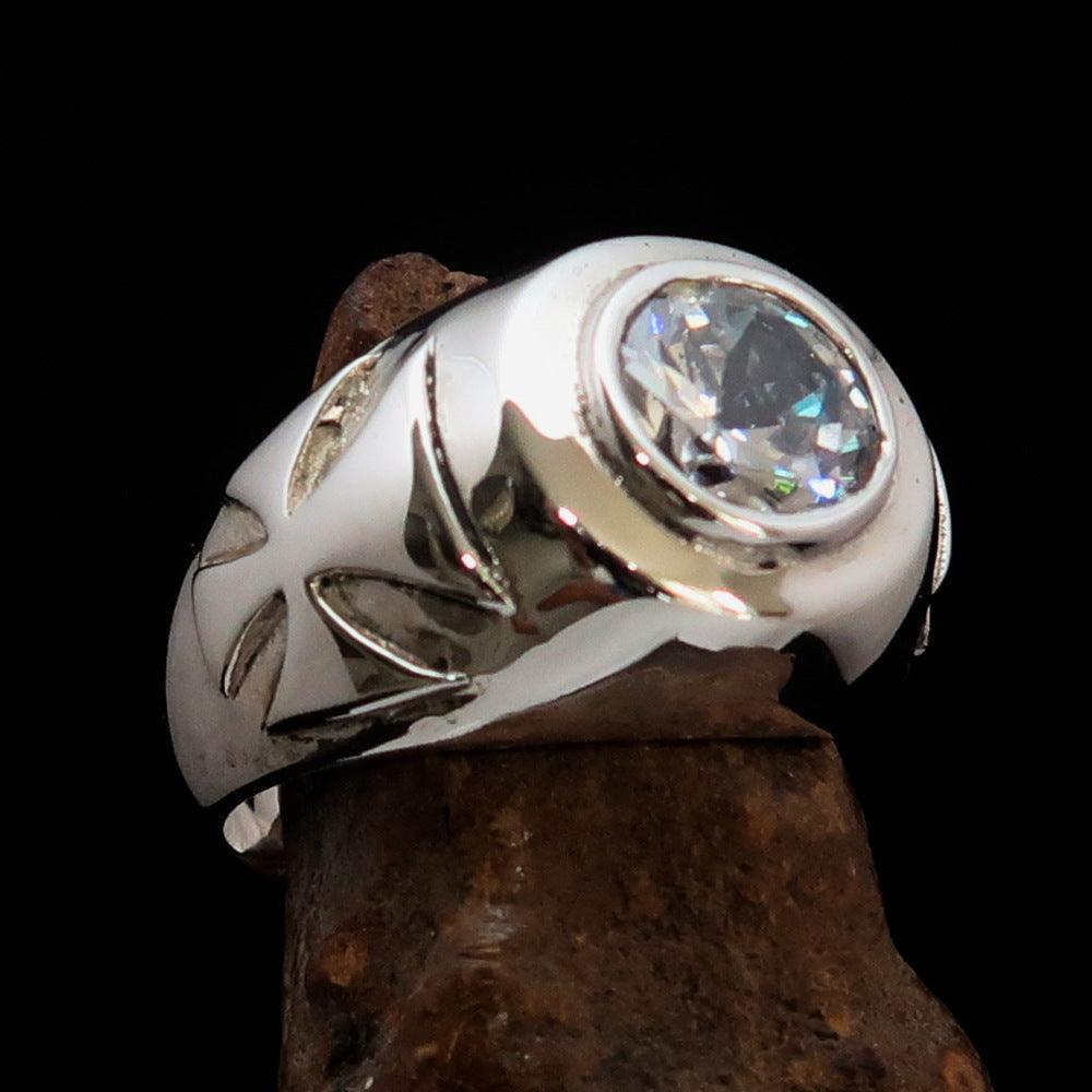 Nicely crafted Men's Solitaire Iron Cross Ring White Cubic Zirconia CZ - Sterling Silver - BikeRing4u