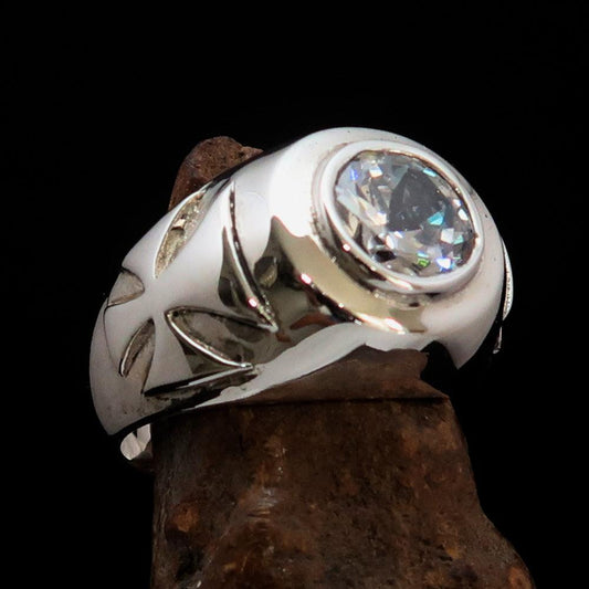 Nicely crafted Men's Solitaire Iron Cross Ring White Cubic Zirconia CZ - Sterling Silver - BikeRing4u