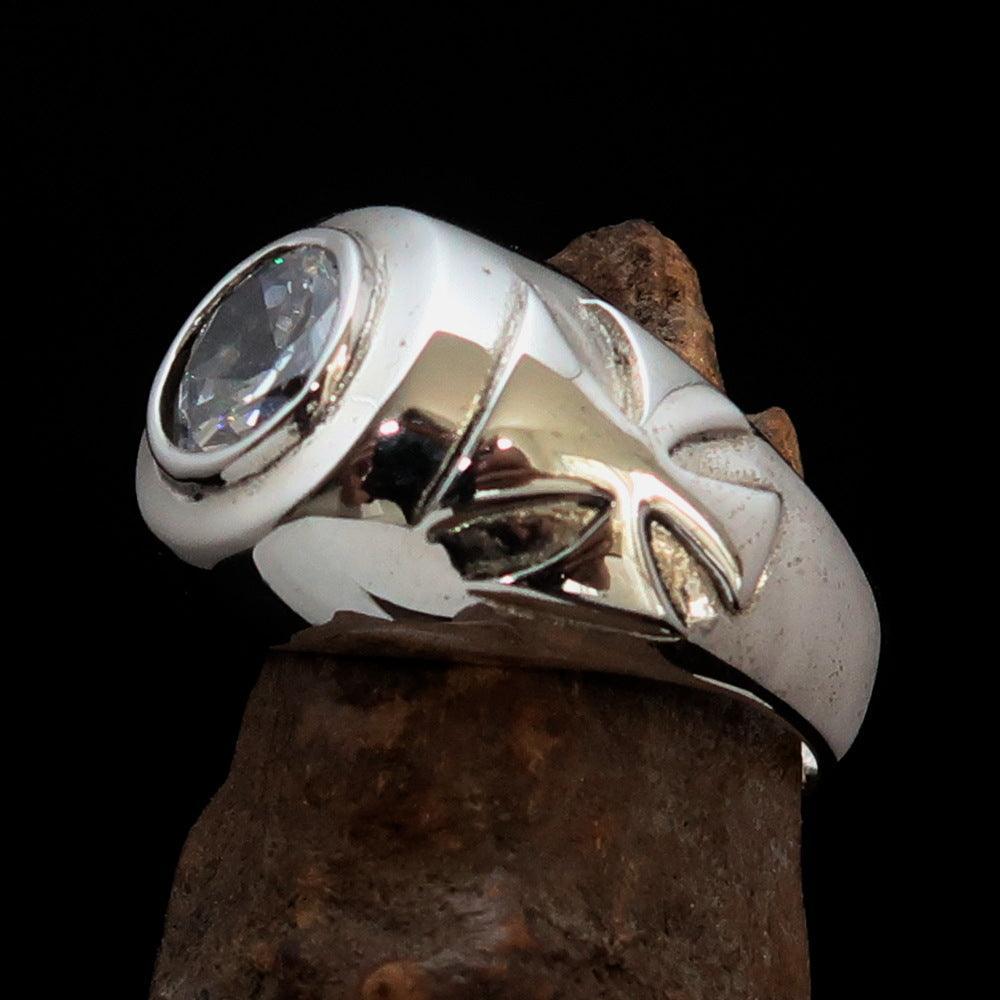Nicely crafted Men's Solitaire Iron Cross Ring White Cubic Zirconia CZ - Sterling Silver - BikeRing4u