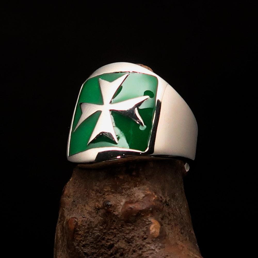 Excellent crafted Men's green Maltese Cross Biker Ring - Sterling Silver - BikeRing4u