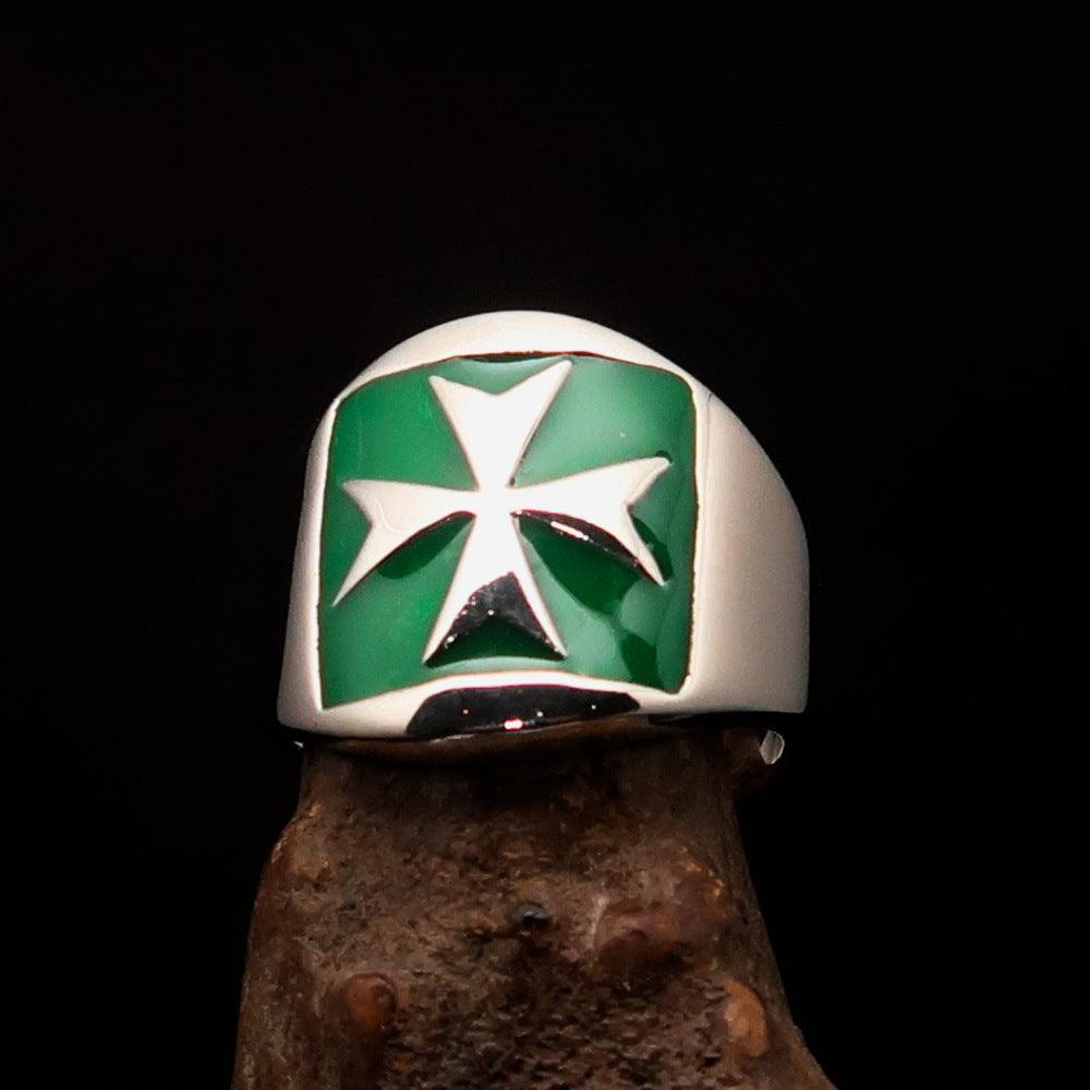 Excellent crafted Men's green Maltese Cross Biker Ring - Sterling Silver - BikeRing4u