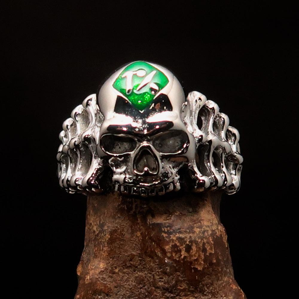 Excellent crafted Men's green 1% Outlaw Biker Skull and Bones Ring - Sterling Silver - BikeRing4u