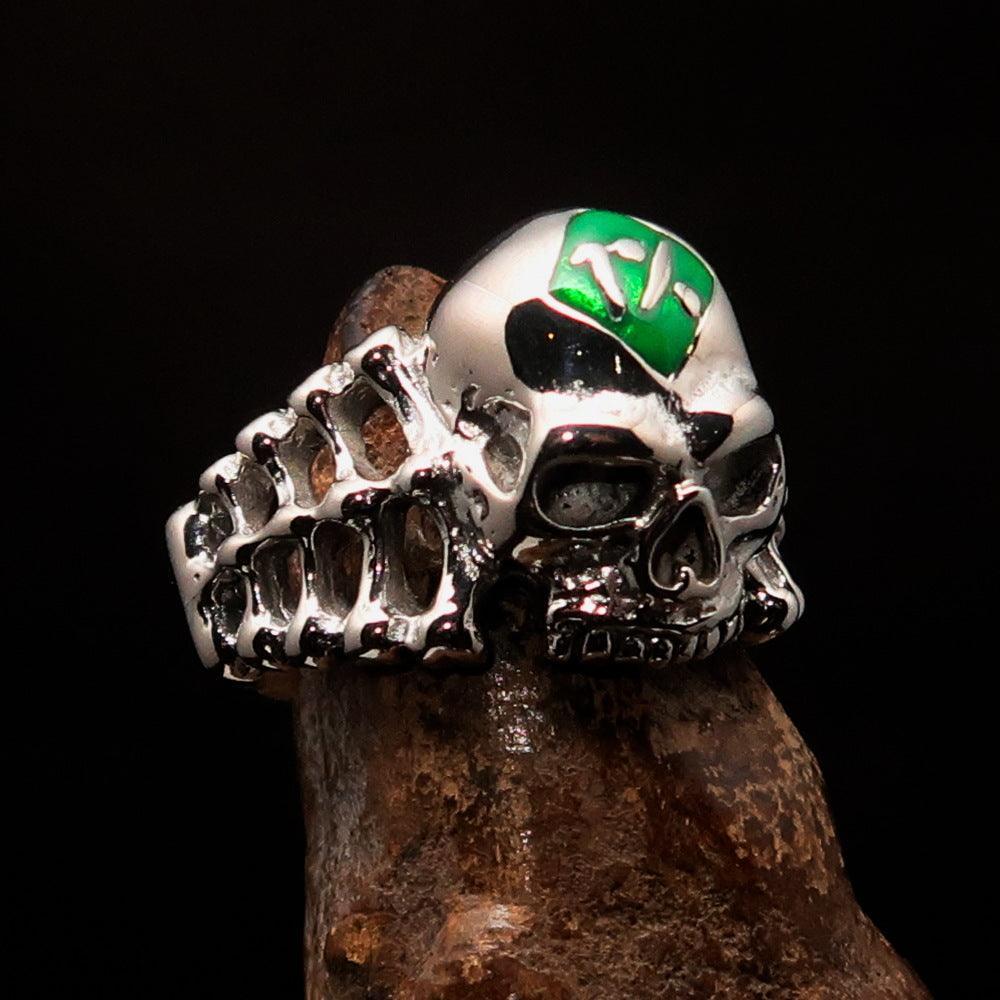 Excellent crafted Men's green 1% Outlaw Biker Skull and Bones Ring - Sterling Silver - BikeRing4u