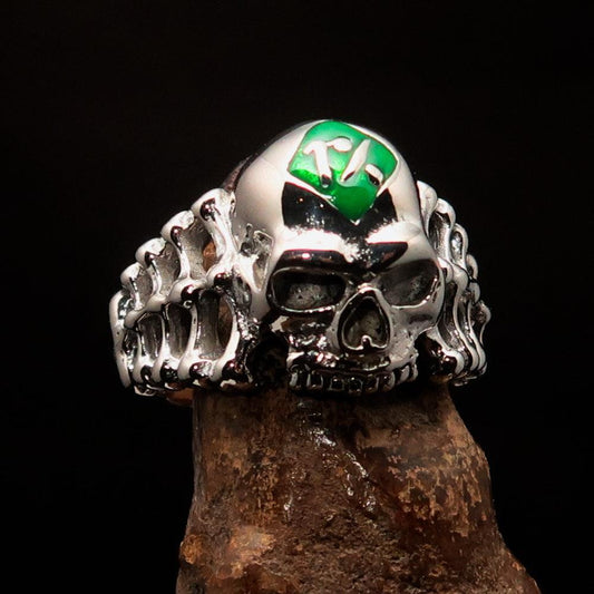 Excellent crafted Men's green 1% Outlaw Biker Skull and Bones Ring - Sterling Silver - BikeRing4u