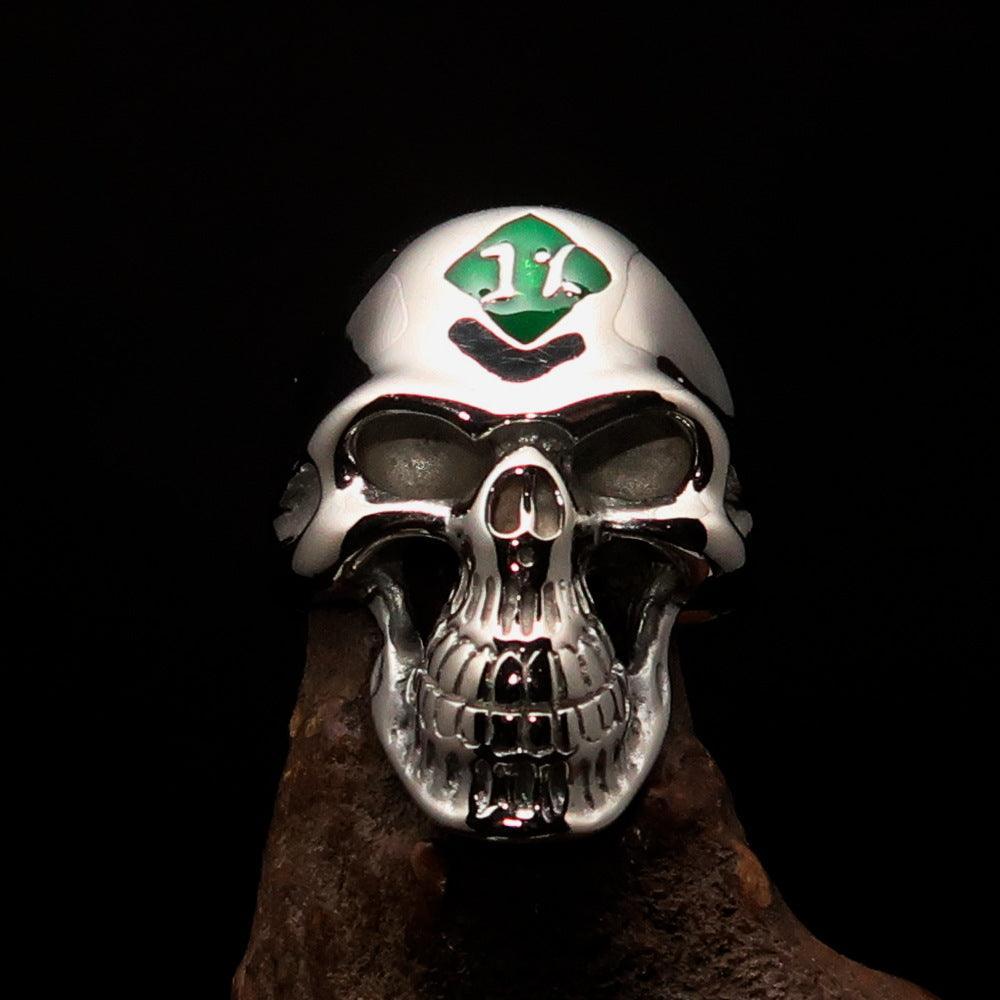 Mirror polished Men's Outlaw Biker Ring green 1% Skull - Sterling Silver - BikeRing4u