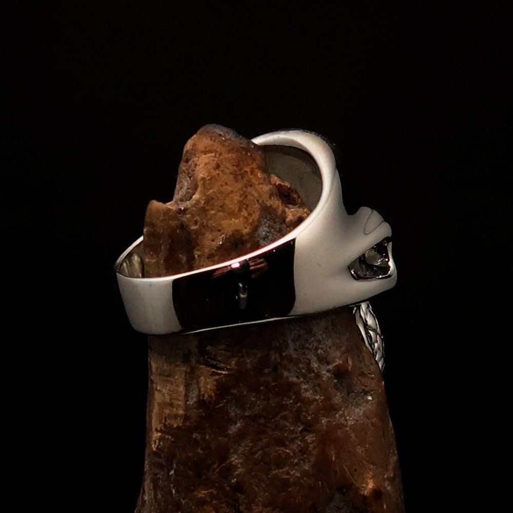 Mirror polished Men's Outlaw Biker Ring green 1% Skull - Sterling Silver - BikeRing4u