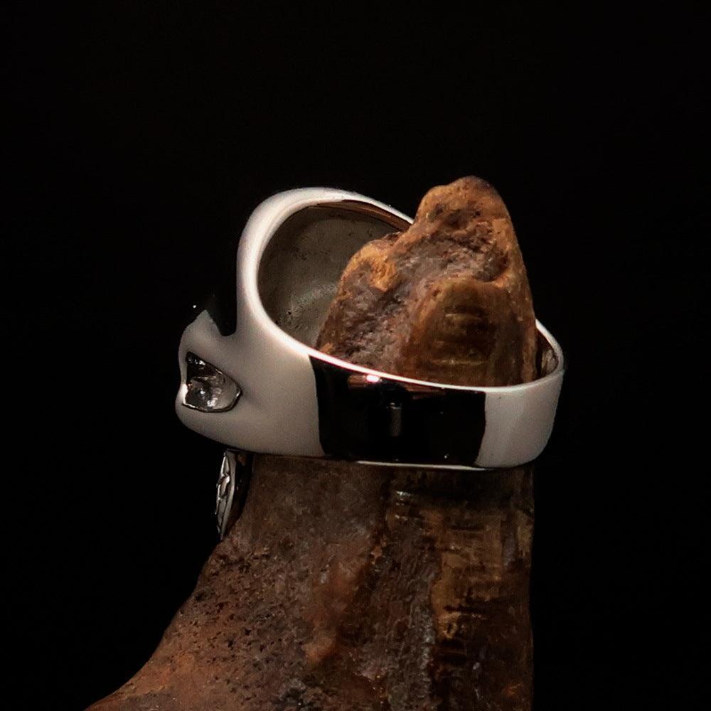 Mirror polished Men's Outlaw Biker Ring green 1% Skull - Sterling Silver - BikeRing4u