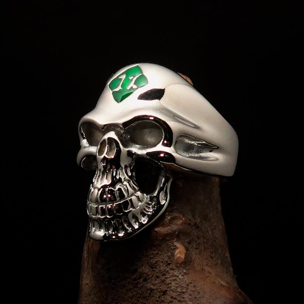 Mirror polished Men's Outlaw Biker Ring green 1% Skull - Sterling Silver - BikeRing4u