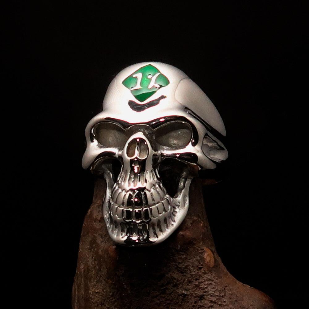 Mirror polished Men's Outlaw Biker Ring green 1% Skull - Sterling Silver - BikeRing4u