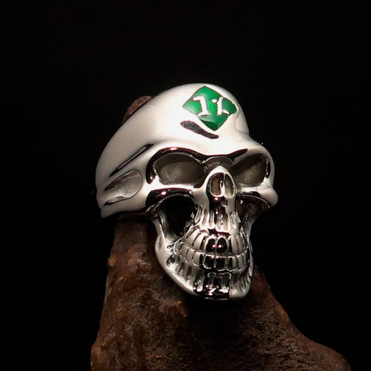 Mirror polished Men's Outlaw Biker Ring green 1% Skull - Sterling Silver - BikeRing4u
