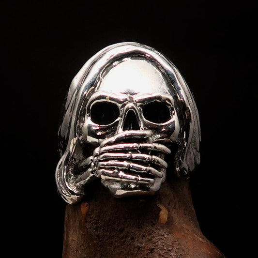 Excellent crafted Men's Grim Reaper Skull Ring Speak No Evil - Sterling Silver - BikeRing4u