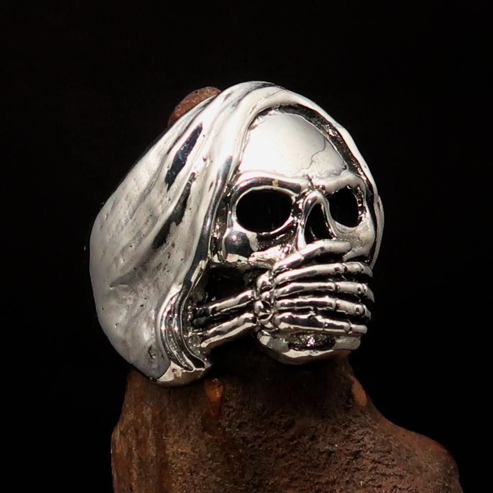 Excellent crafted Men's Grim Reaper Skull Ring Speak No Evil - Sterling Silver - BikeRing4u
