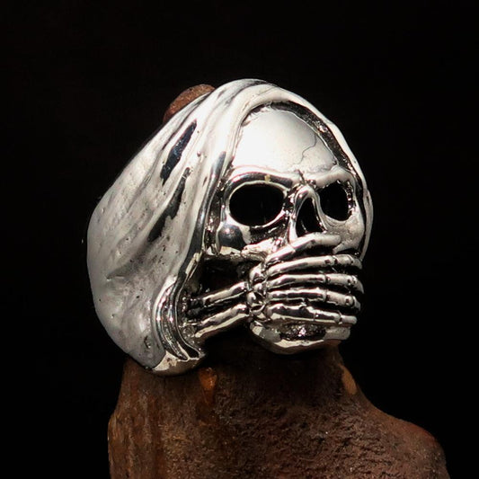 Excellent crafted Men's Grim Reaper Skull Ring Speak No Evil - Sterling Silver - BikeRing4u