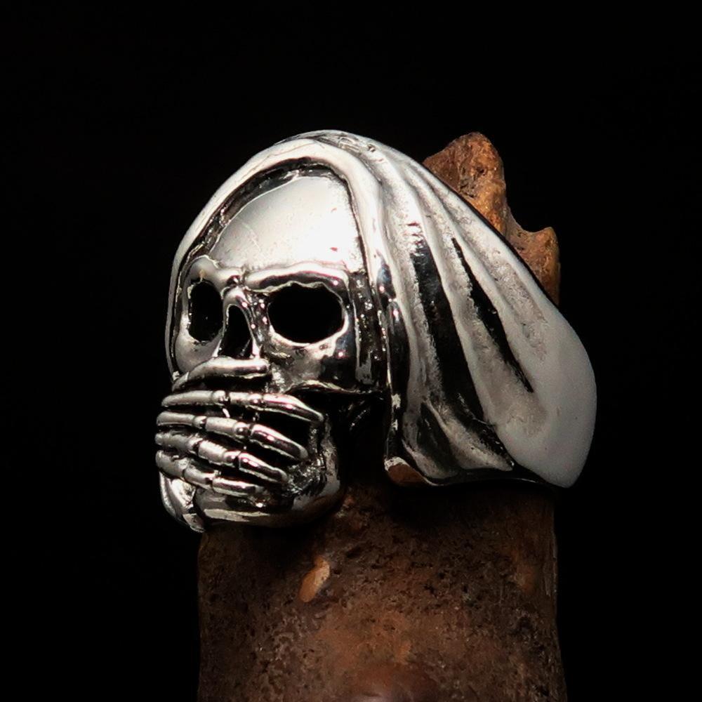 Excellent crafted Men's Grim Reaper Skull Ring Speak No Evil - Sterling Silver - BikeRing4u