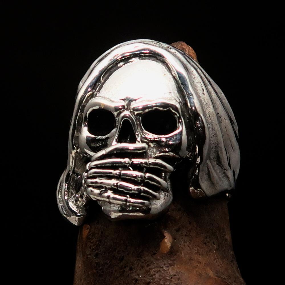 Excellent crafted Men's Grim Reaper Skull Ring Speak No Evil - Sterling Silver - BikeRing4u