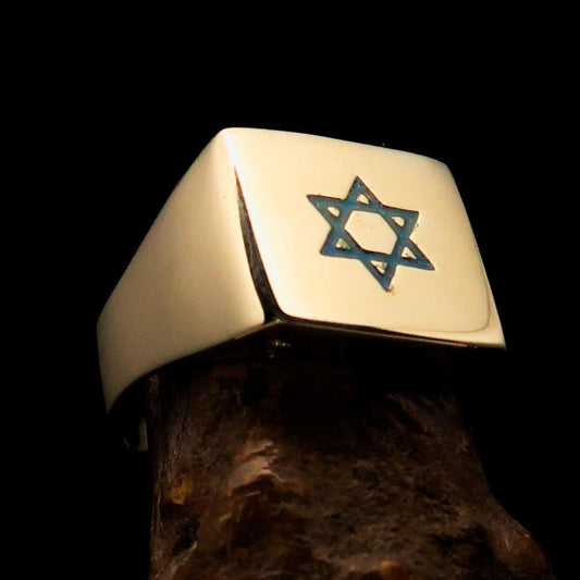 Excellent crafted solid Brass Men's Hexagram Ring Blue Star of David - BikeRing4u