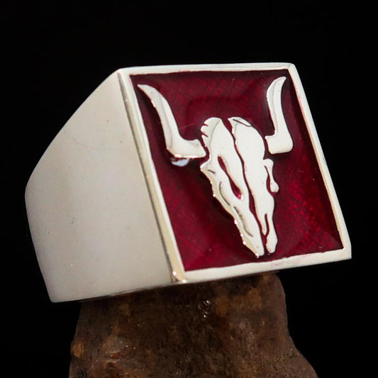 Perfectly crafted Men's Cowboy Ring Bull Skull Red - Sterling Silver - BikeRing4u
