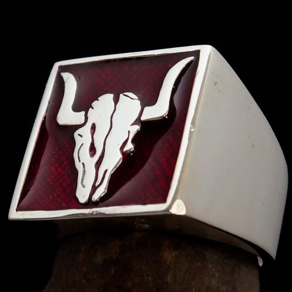 Perfectly crafted Men's Cowboy Ring Bull Skull Red - Sterling Silver - BikeRing4u