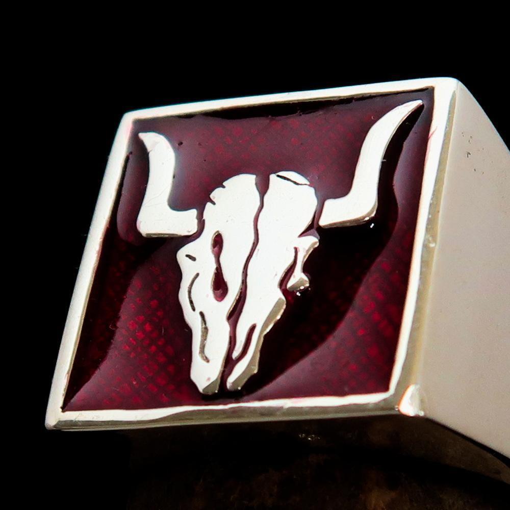 Perfectly crafted Men's Cowboy Ring Bull Skull Red - Sterling Silver - BikeRing4u