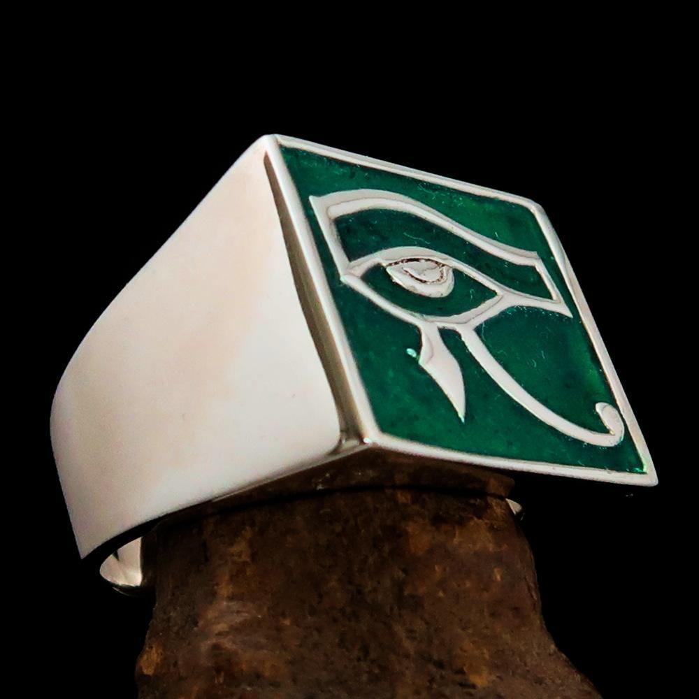 Excellent crafted Men's Ring All seeing Udjat Eye of Ra Green - Sterling Silver - BikeRing4u