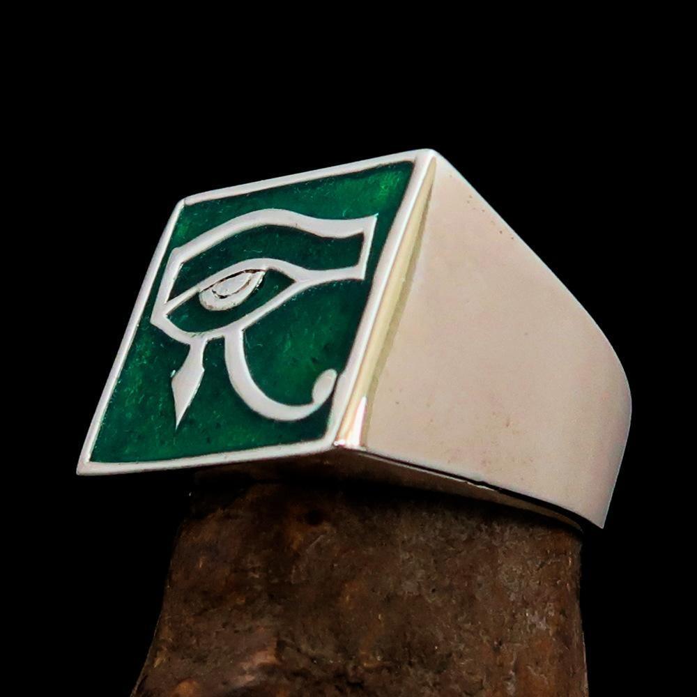 Excellent crafted Men's Ring All seeing Udjat Eye of Ra Green - Sterling Silver - BikeRing4u