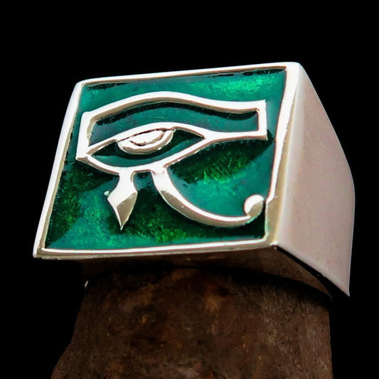 Excellent crafted Men's Ring All seeing Udjat Eye of Ra Green - Sterling Silver - BikeRing4u