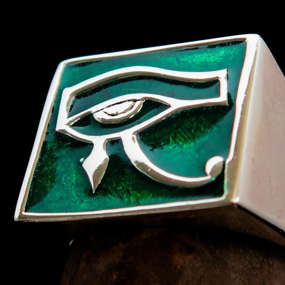 Excellent crafted Men's Ring All seeing Udjat Eye of Ra Green - Sterling Silver - BikeRing4u