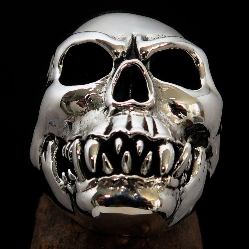 Excellent crafted Men's Zombie Fang Skull Ring - Antiqued Sterling Silver - BikeRing4u