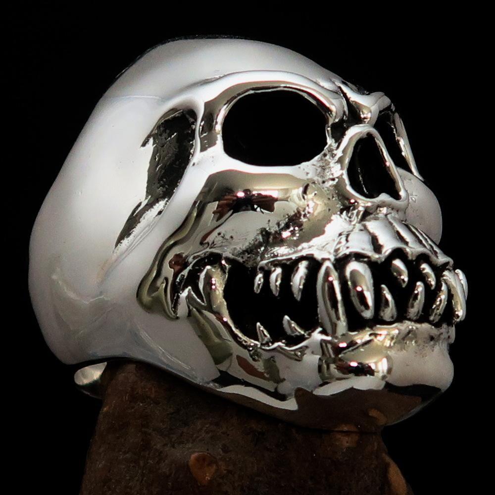 Excellent crafted Men's Zombie Fang Skull Ring - Antiqued Sterling Silver - BikeRing4u