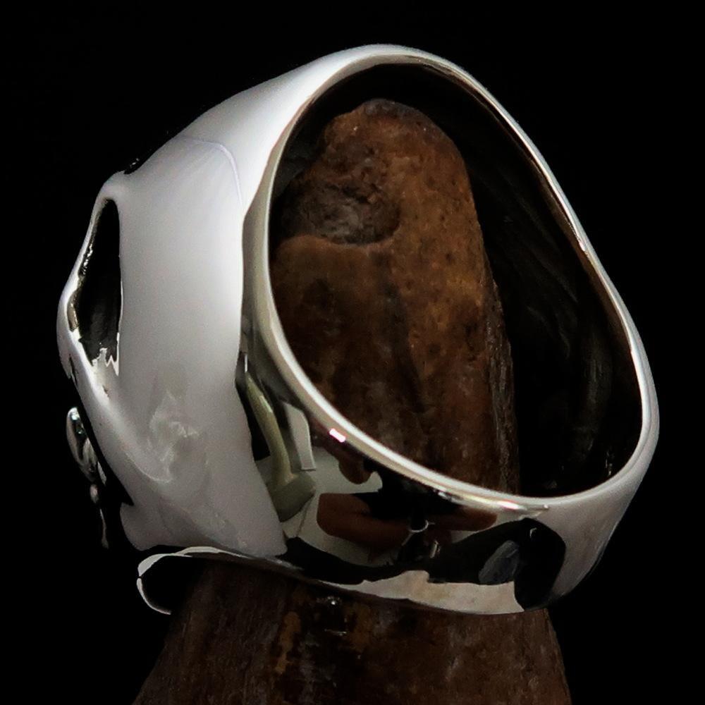 Excellent crafted Men's Zombie Fang Skull Ring - Antiqued Sterling Silver - BikeRing4u