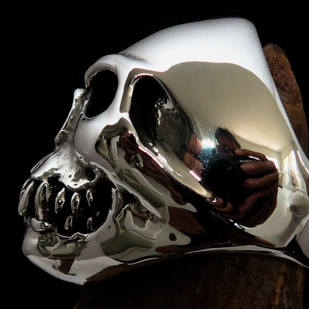 Excellent crafted Men's Zombie Fang Skull Ring - Antiqued Sterling Silver - BikeRing4u