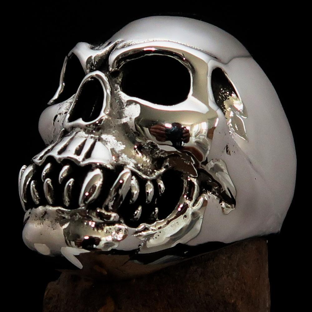 Excellent crafted Men's Zombie Fang Skull Ring - Antiqued Sterling Silver - BikeRing4u