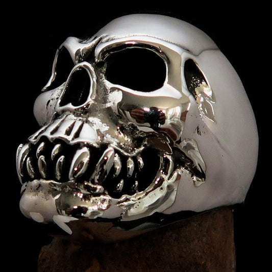 Excellent crafted Men's Zombie Fang Skull Ring - Antiqued Sterling Silver - BikeRing4u