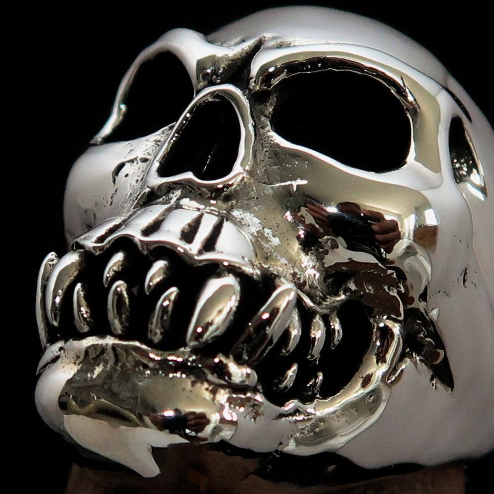 Excellent crafted Men's Zombie Fang Skull Ring - Antiqued Sterling Silver - BikeRing4u