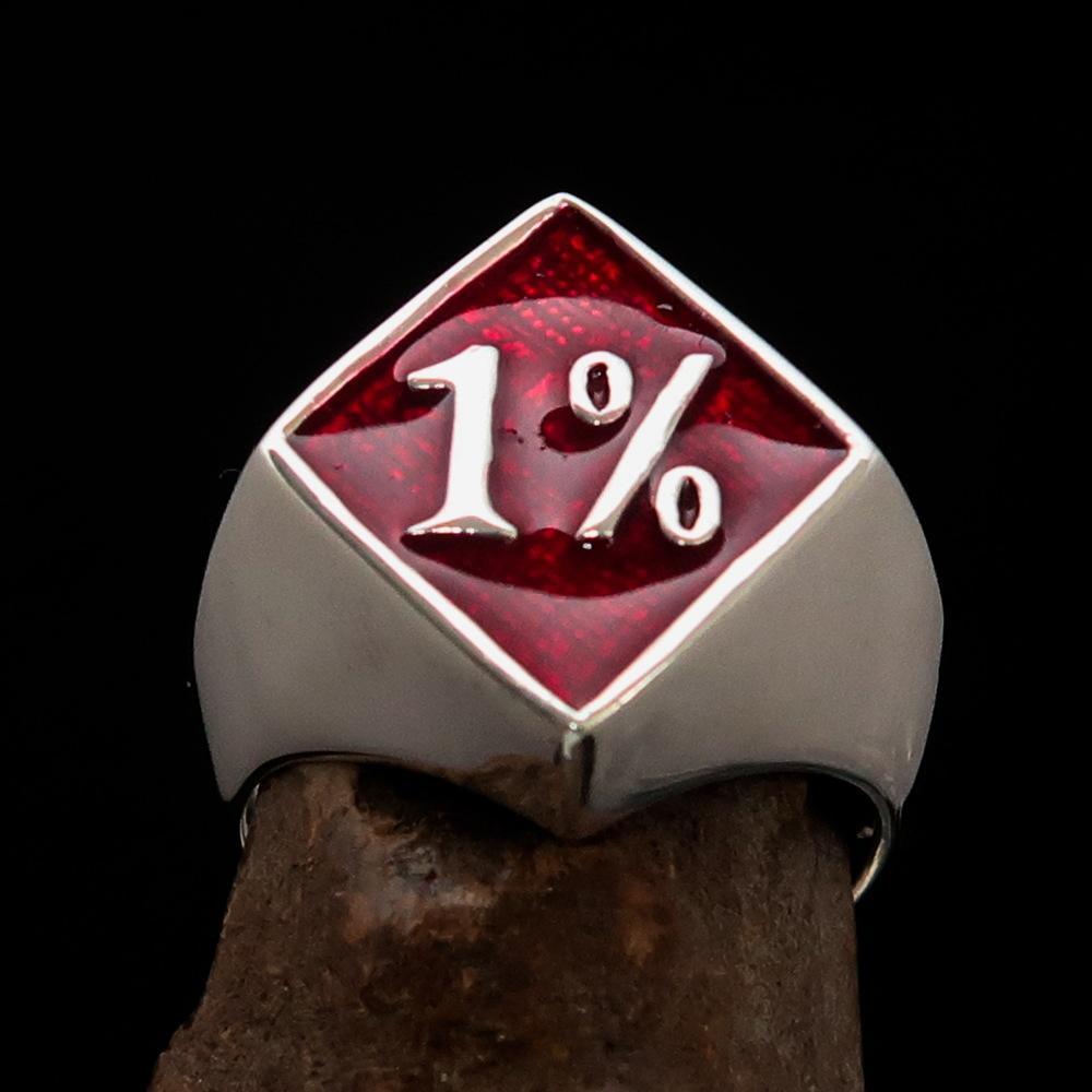 Men's Sterling Silver Biker Ring Diamond shaped 1% Percent Outlaw Symbol Red - BikeRing4u